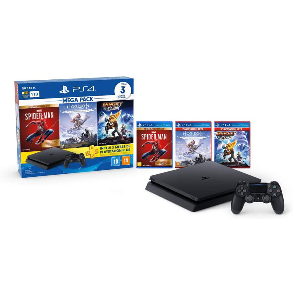 Video Game Sony Playstation 4 Hits Bundles V15 1TB com 3 Jogos
